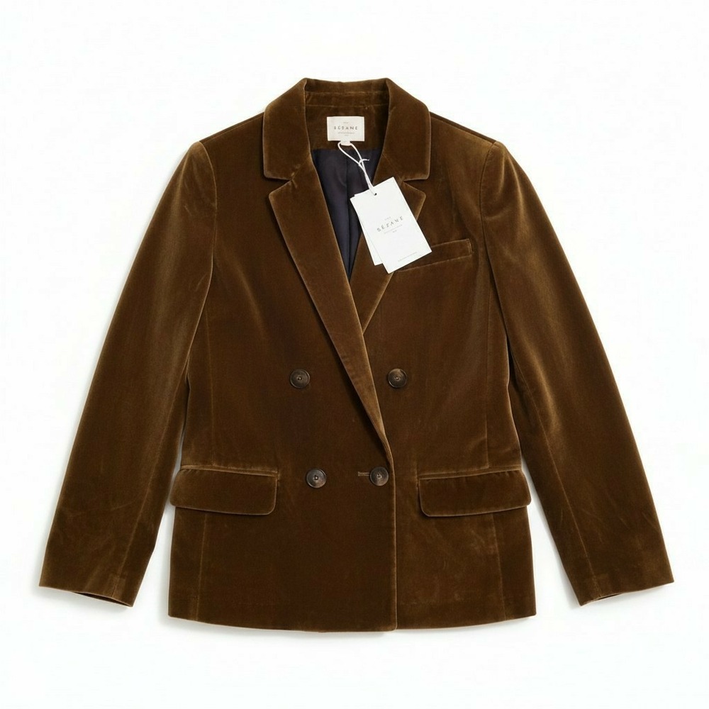 NWT Sezane Christie Velvet Olive Green Double Breasted Blazer Veste Christie
